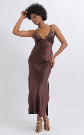 Shop our Satin V Neck Bias Slip Gown in Chocolate | Pagani