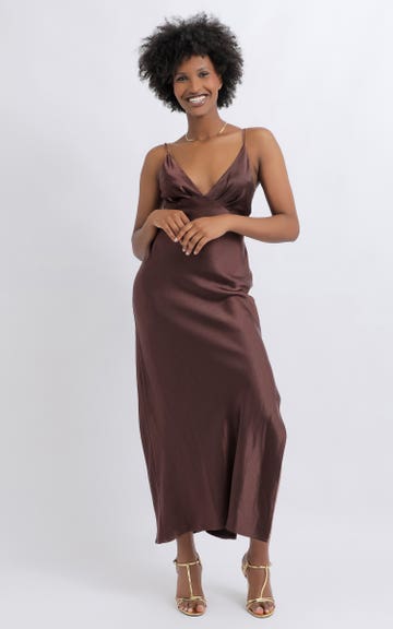 white christmas dresses Chocolate brown maxi satin slip dress 'Serene' – Serena Silueta main image 1