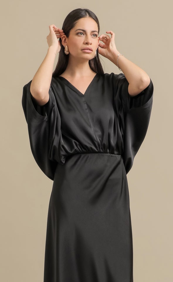 Satin V Neck Kaftan Top Black