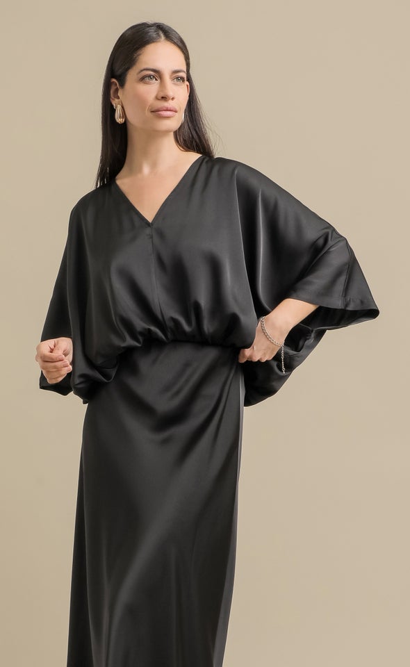 Satin V Neck Kaftan Top Black