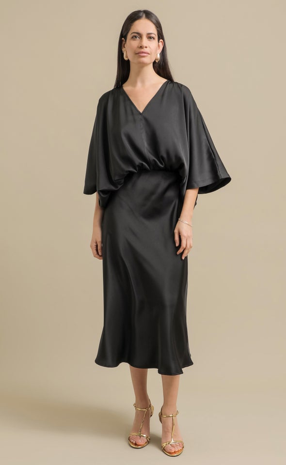 Satin V Neck Kaftan Top Black