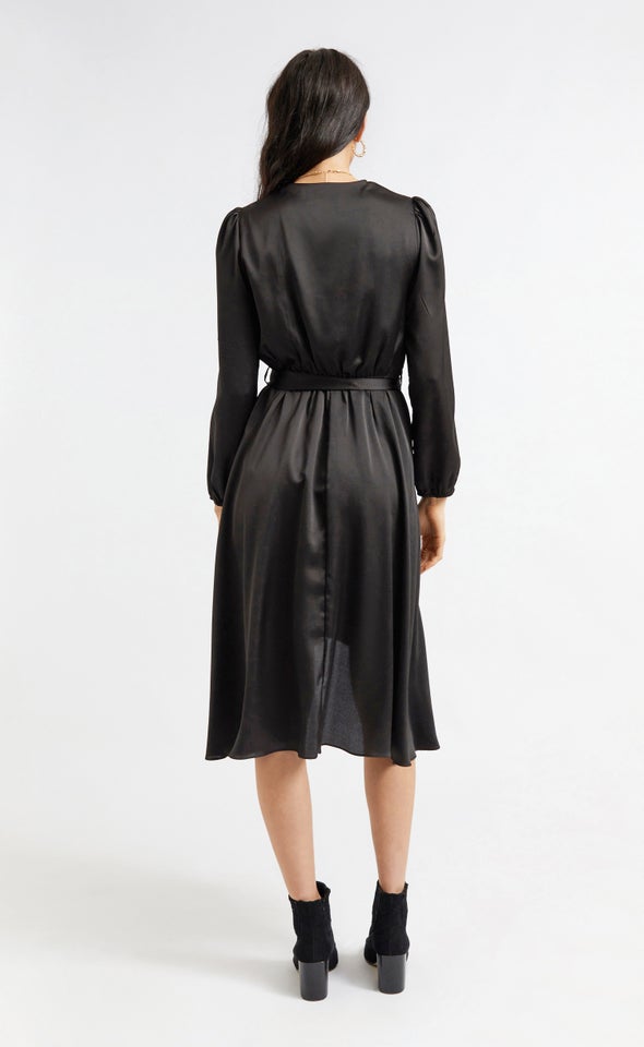 Satin Wrap Detail LS Midi Dress Black
