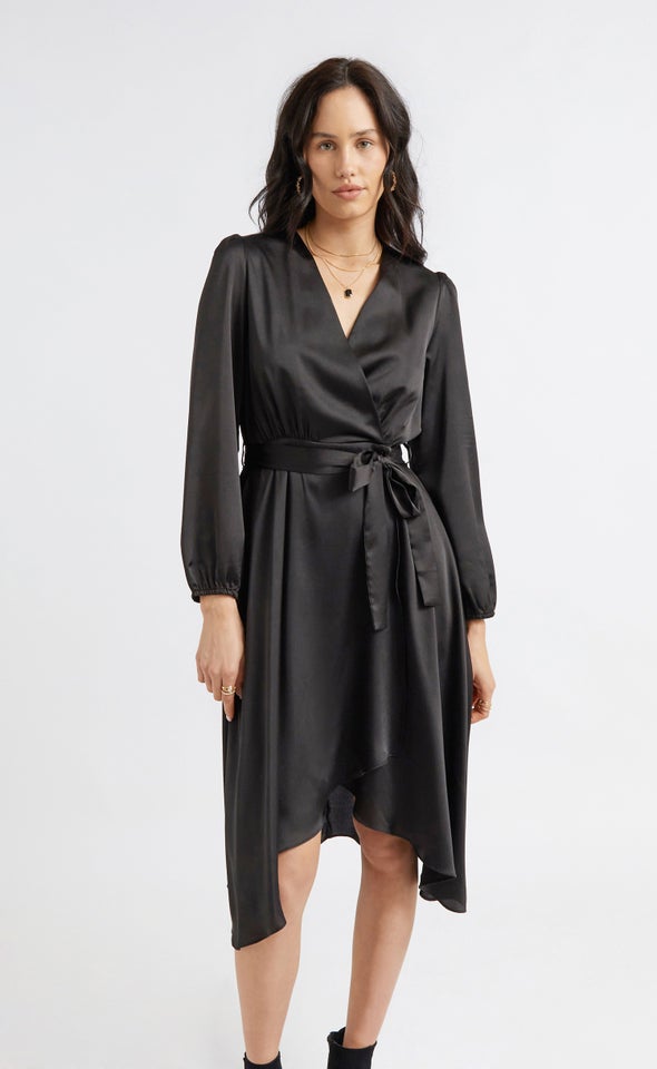 Satin Wrap Detail LS Midi Dress Black