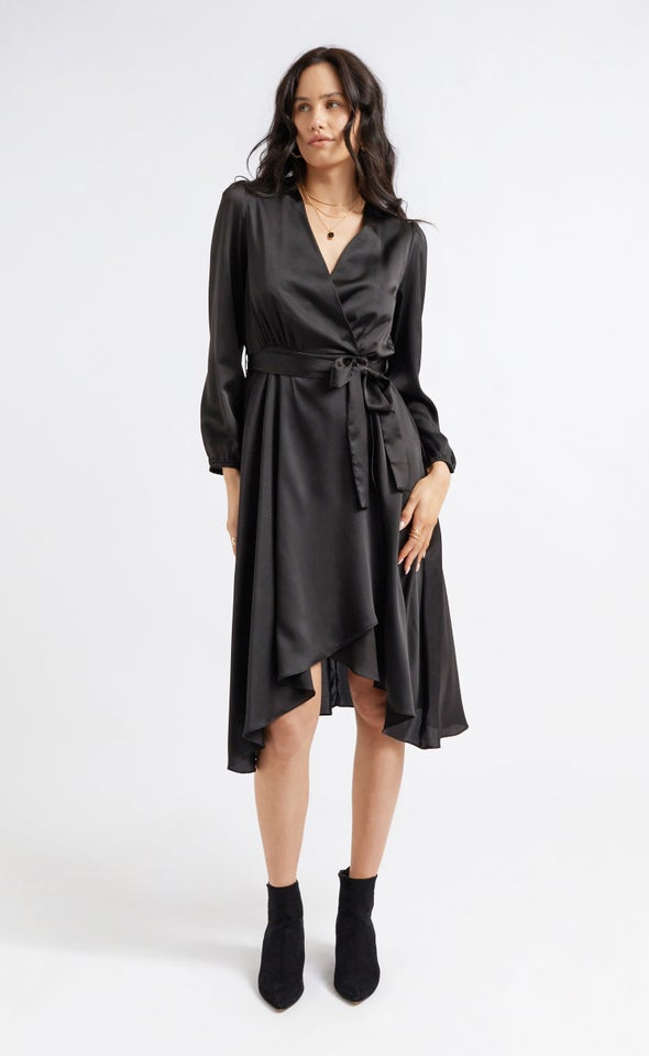 Satin Wrap Detail LS Midi Dress Black
