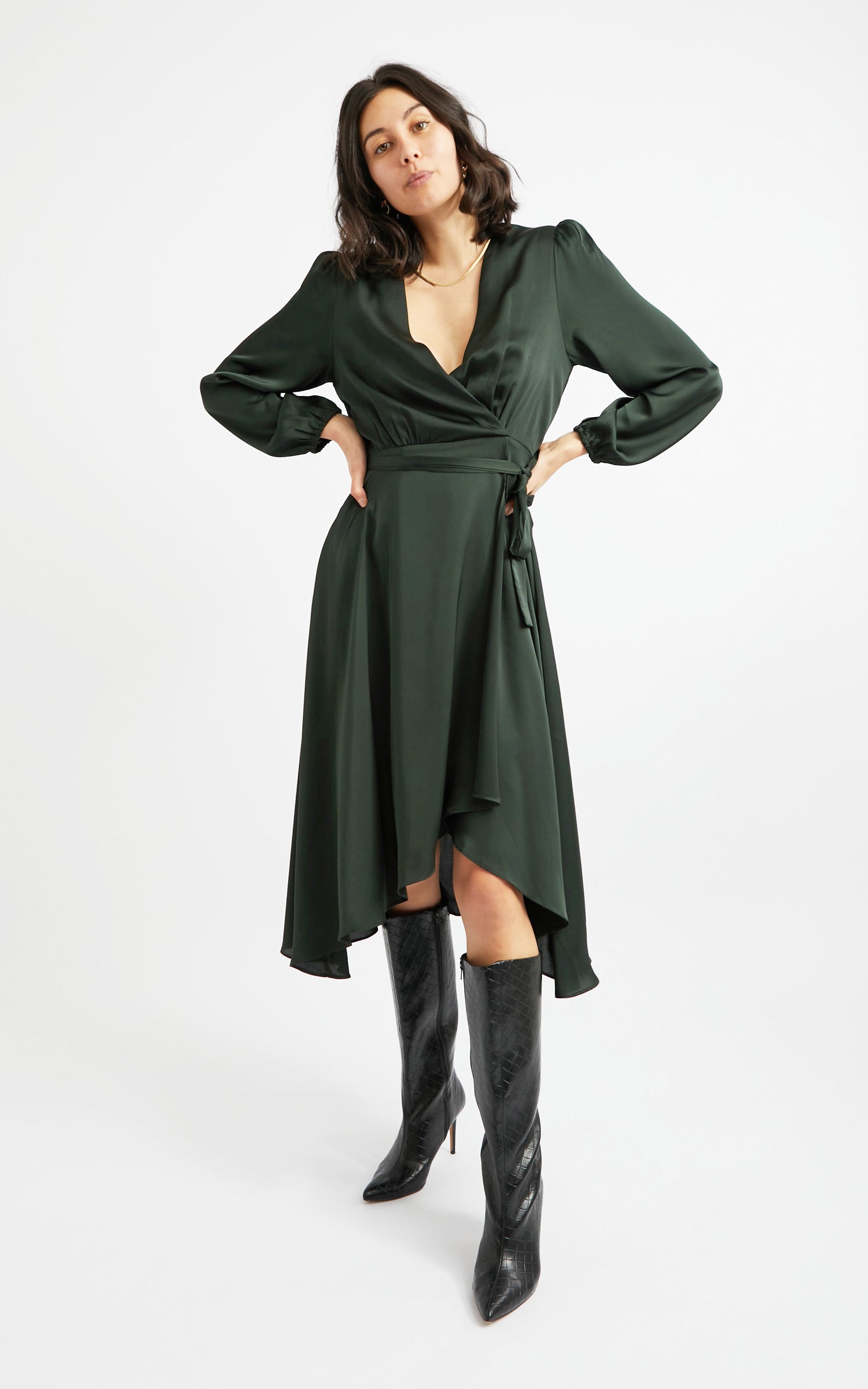 green wrap silk dress