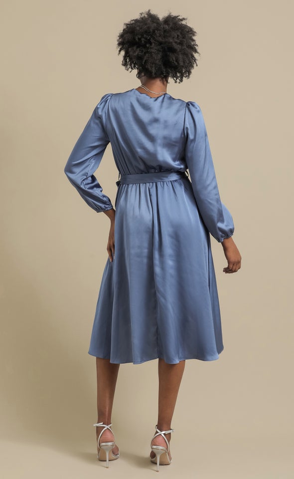 Satin Wrap Detail LS Midi Dress Winter Blue