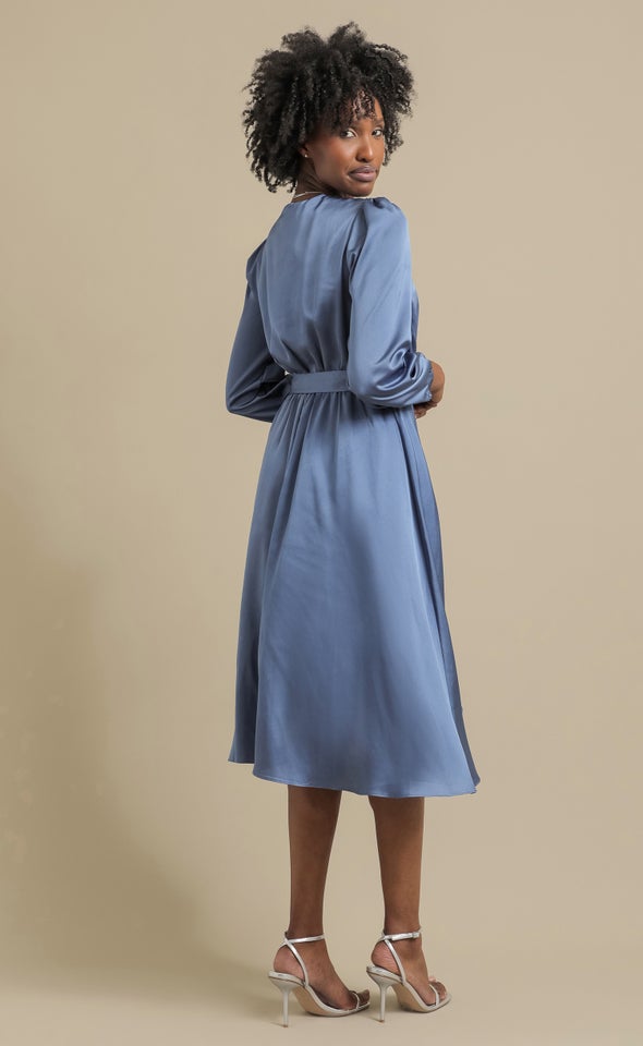 Satin Wrap Detail LS Midi Dress Winter Blue