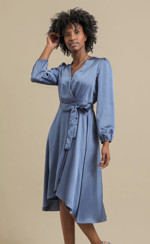 Satin Wrap Detail LS Midi Dress Winter Blue