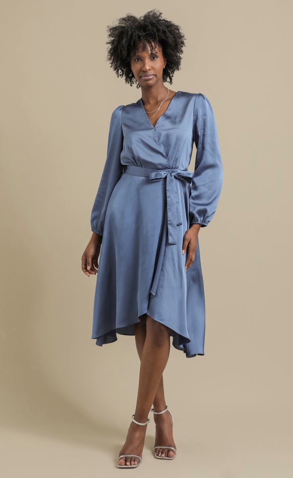 Satin Wrap Detail LS Midi Dress Winter Blue
