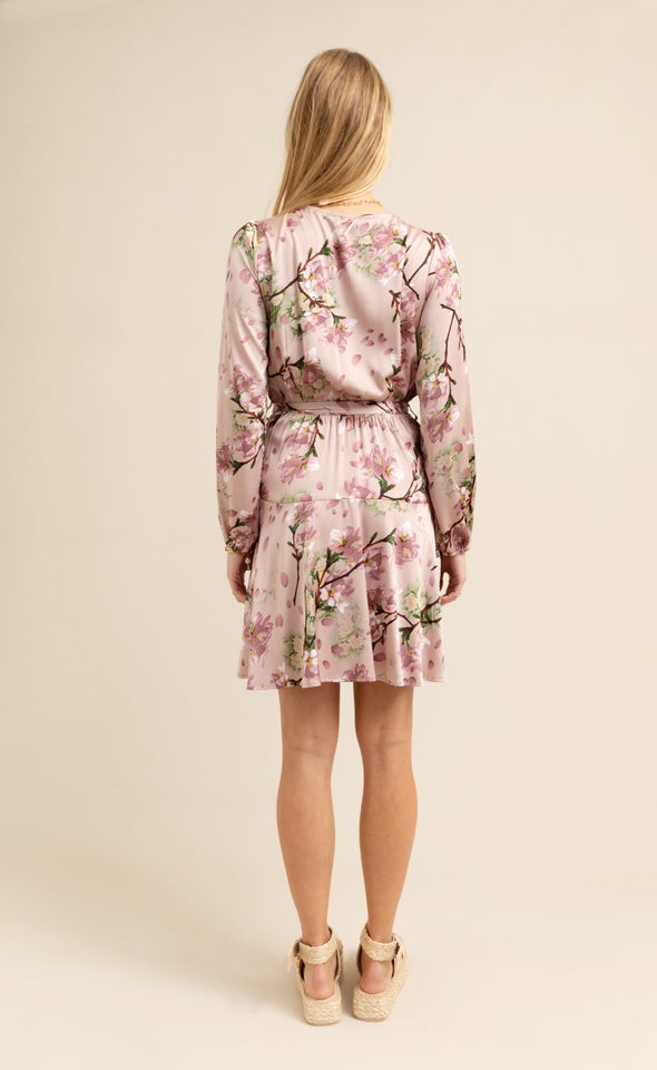 Satin Wrap Front LS Dress Blush/floral