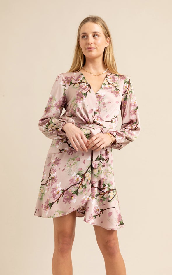 Satin Wrap Front LS Dress Blush/floral