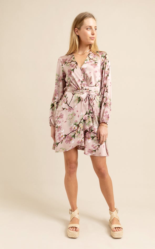Satin Wrap Front LS Dress Blush/floral