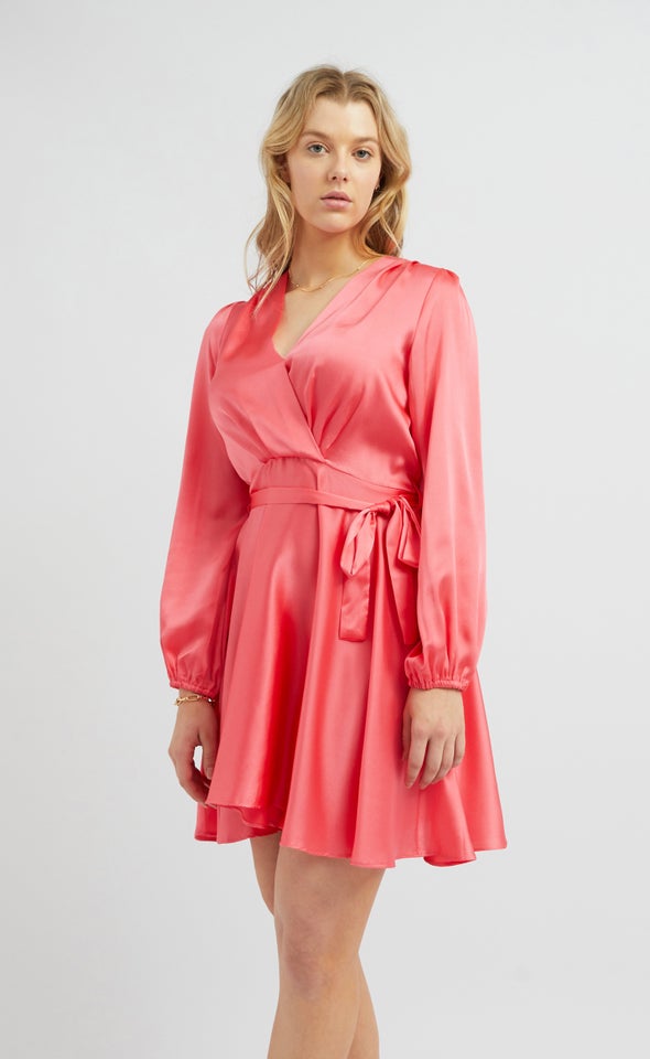 Satin Wrap Front LS Dress Coral Pink