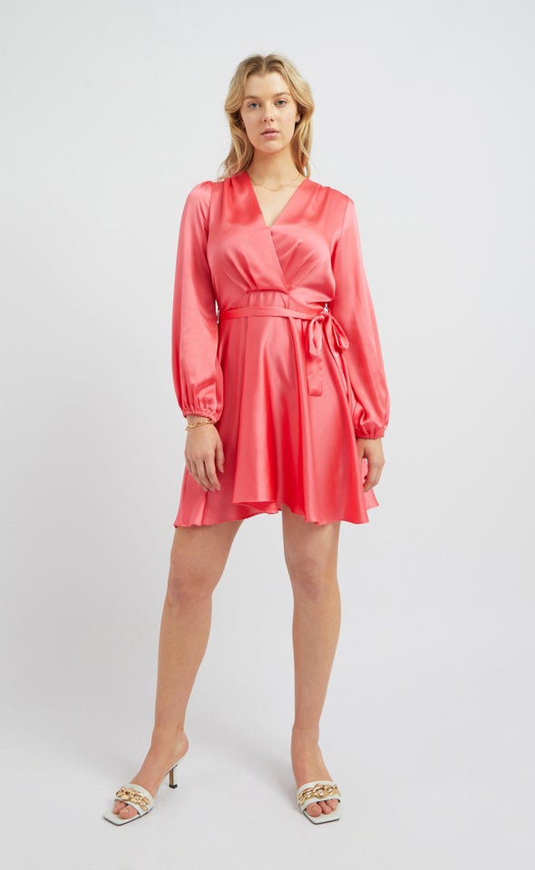 Satin Wrap Front LS Dress Coral Pink