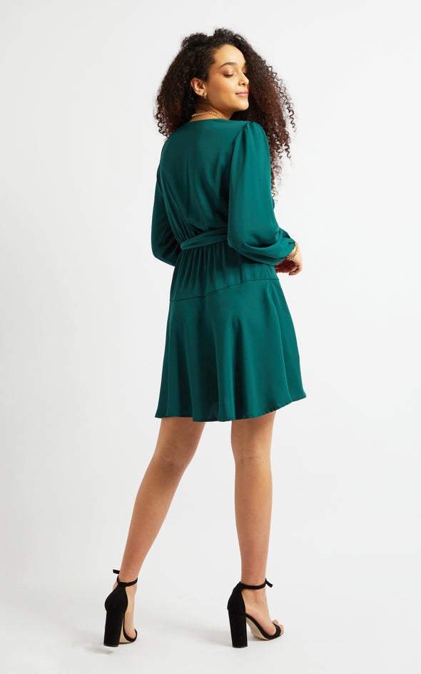 Satin Wrap Front LS Dress Emerald