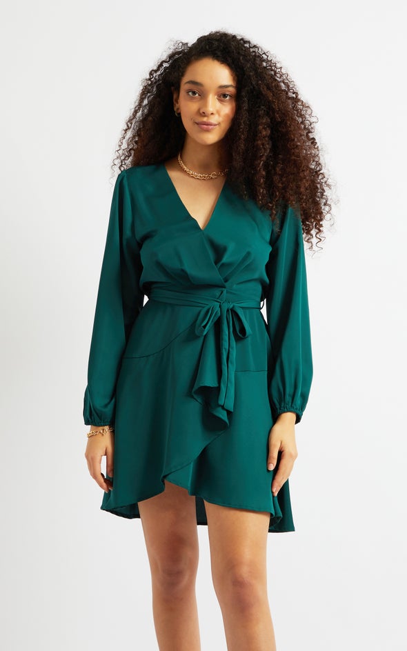 Satin Wrap Front LS Dress Emerald
