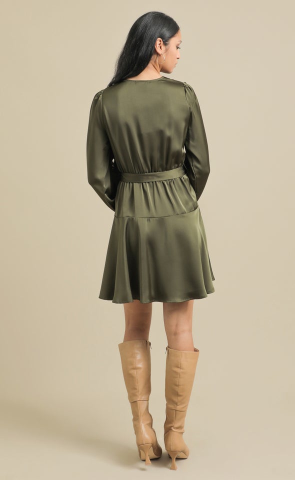 Satin Wrap Front LS Dress Forest Green