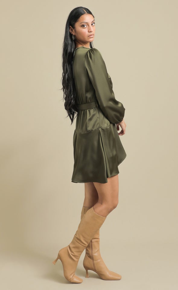 Satin Wrap Front LS Dress Forest Green