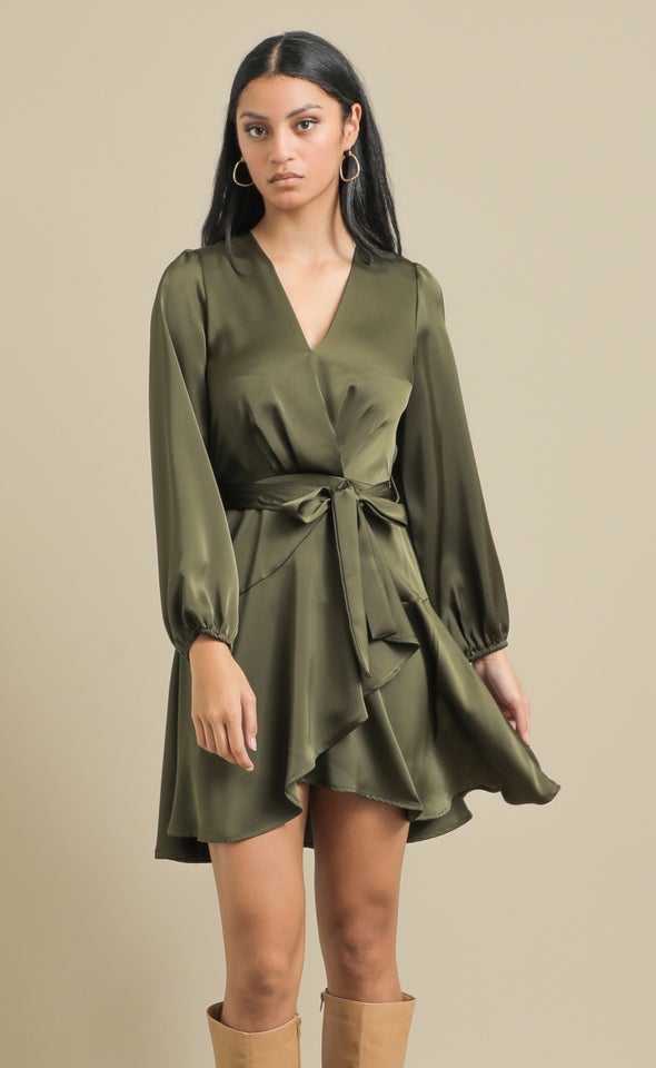 Satin Wrap Front LS Dress Forest Green