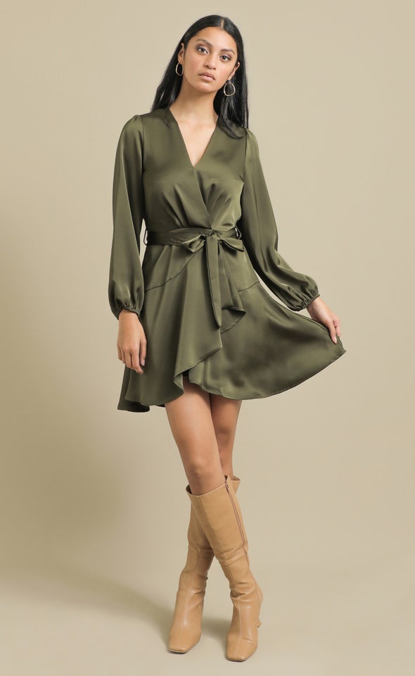 Satin Wrap Front LS Dress Forest Green