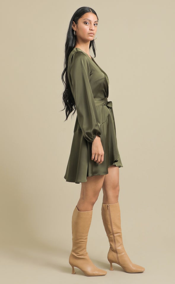 Satin Wrap Front LS Dress Forest Green