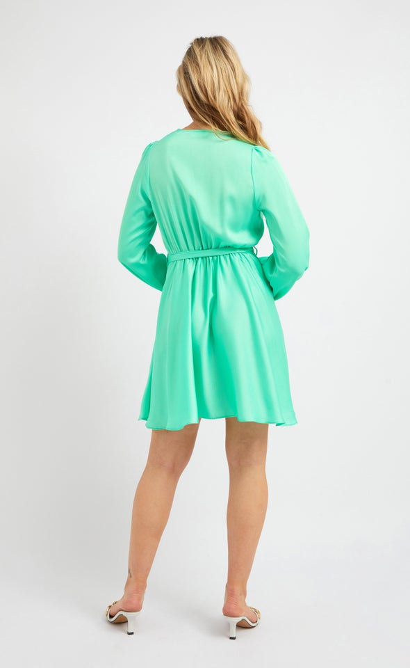 Satin Wrap Front LS Dress Green Melon