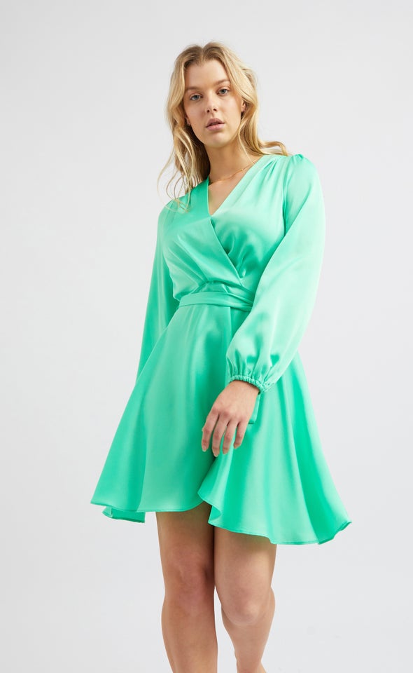 Satin Wrap Front LS Dress Green Melon