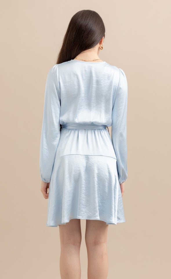 Satin Wrap Front LS Dress Ice Blue