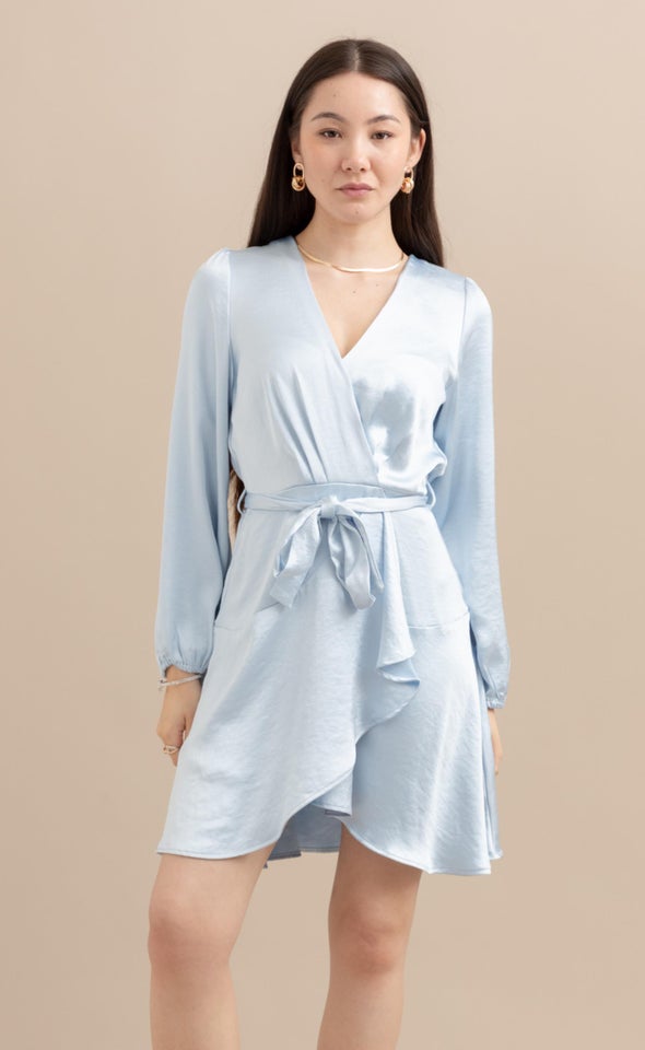 Satin Wrap Front LS Dress Ice Blue