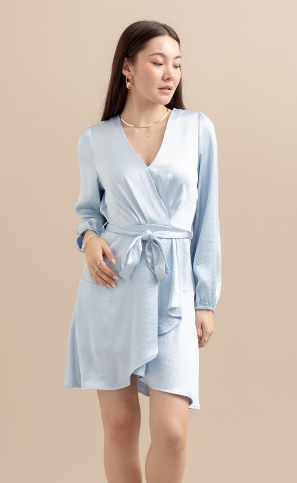 Satin Wrap Front LS Dress Ice Blue