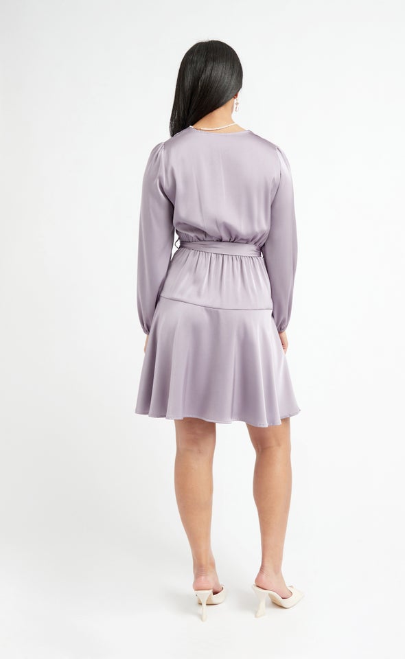 Satin Wrap Front LS Dress Mauve