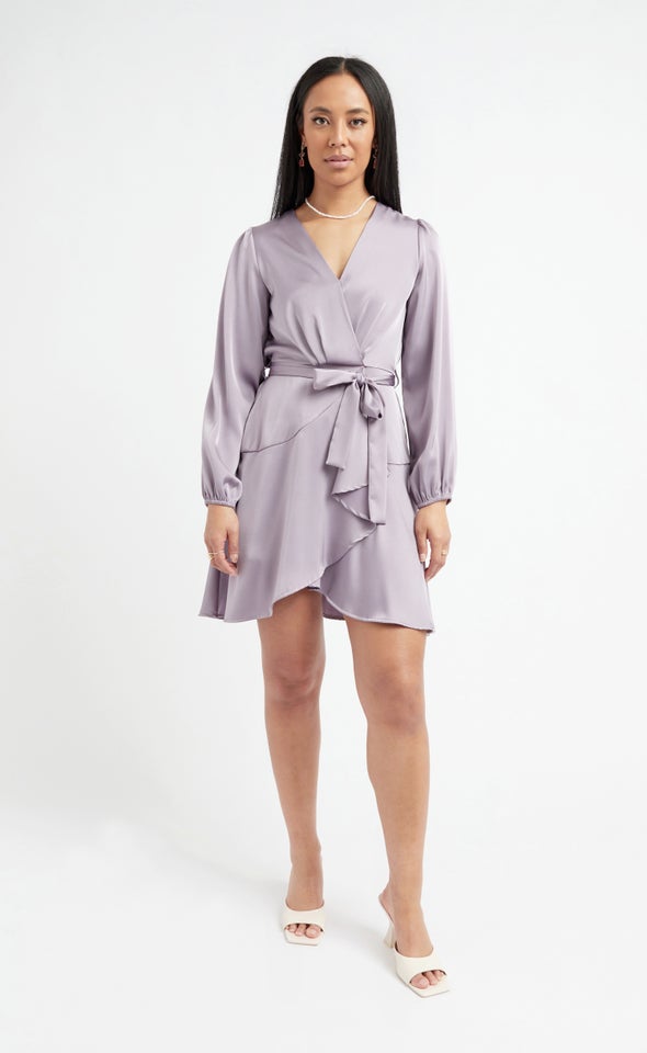 Satin Wrap Front LS Dress Mauve