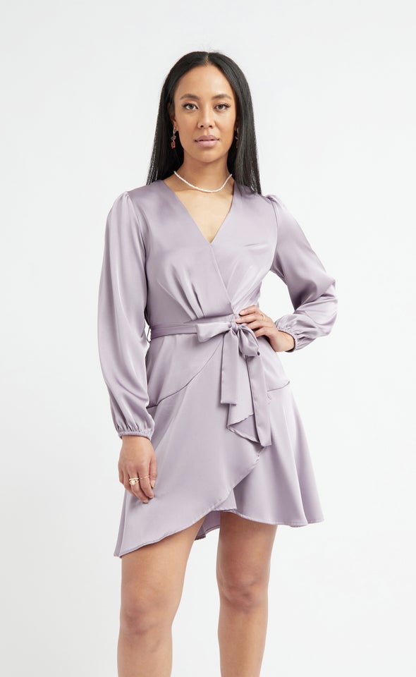 Satin Wrap Front LS Dress Mauve