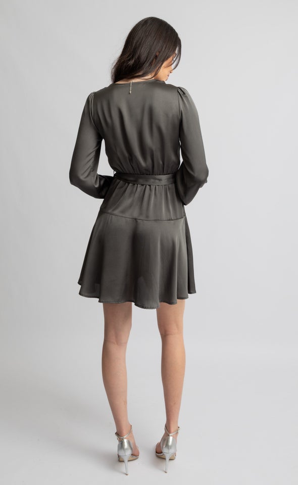 Satin Wrap Front LS Dress Slate