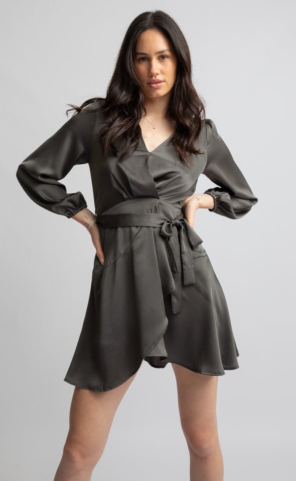Satin Wrap Front LS Dress Slate