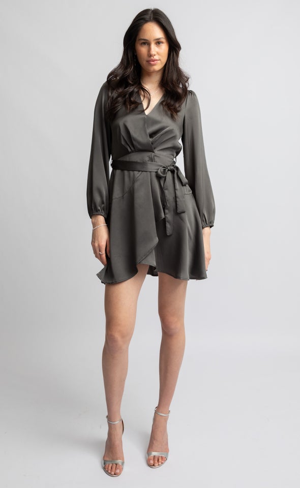 Satin Wrap Front LS Dress Slate