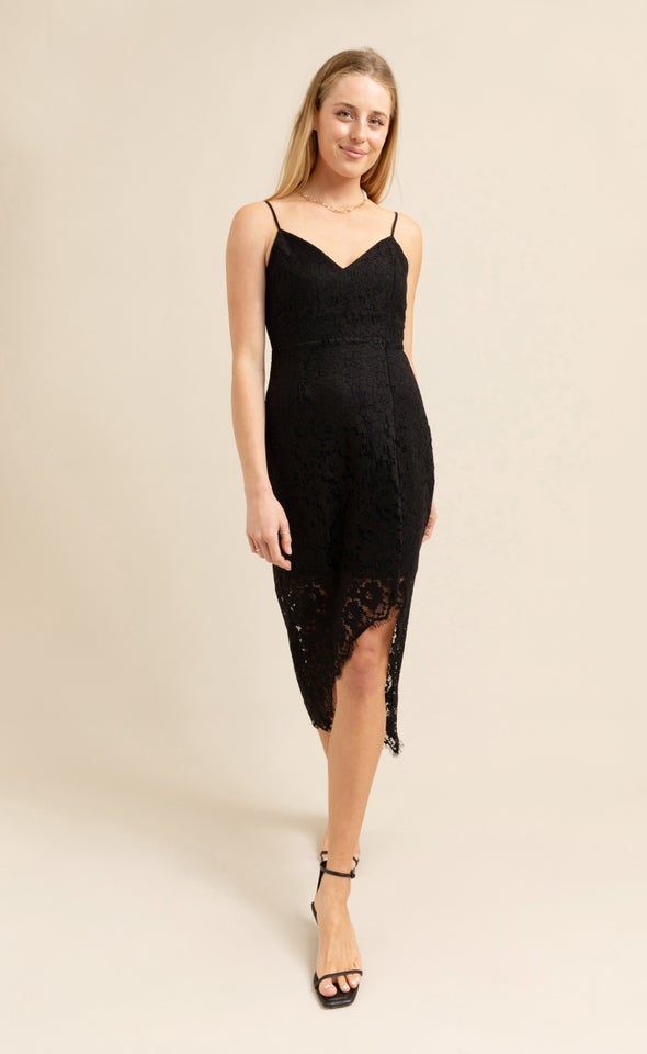 Scallop Lace Asymmetric Dress Black