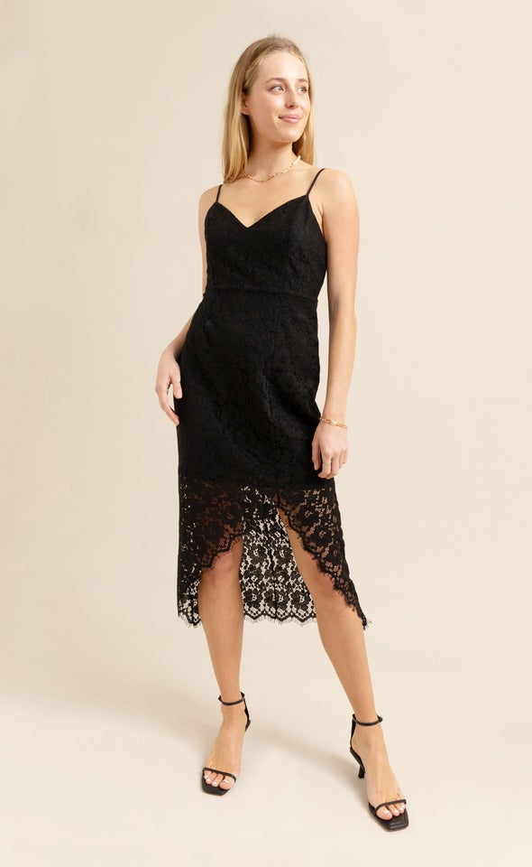 Scallop Lace Asymmetric Dress Black
