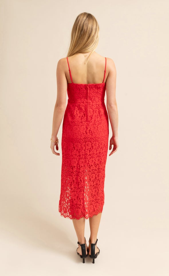 Scallop Lace Asymmetric Dress Red