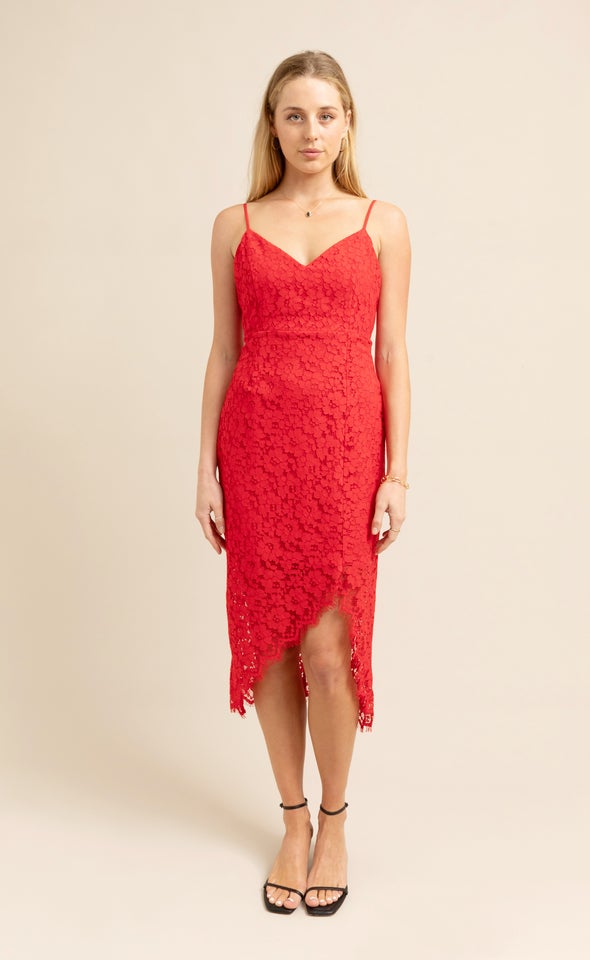 Scallop Lace Asymmetric Dress Red