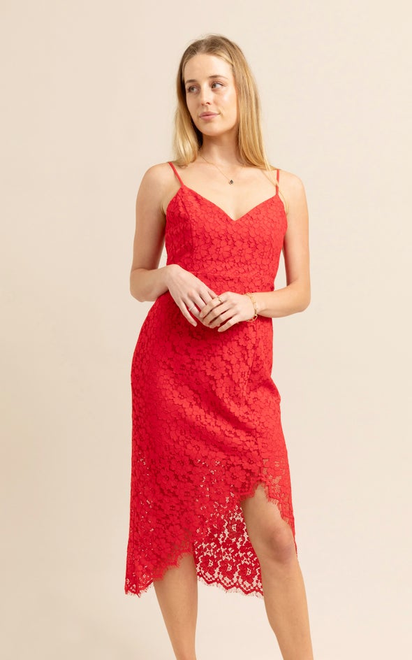 Scallop Lace Asymmetric Dress Red