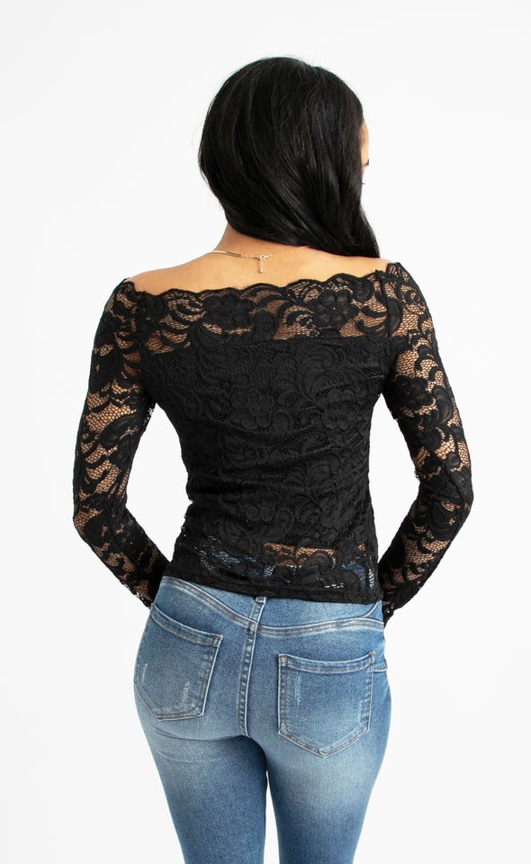 Scallop Lace Bardot LS Top Black