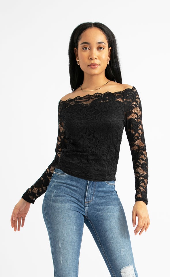 Scallop Lace Bardot LS Top Black