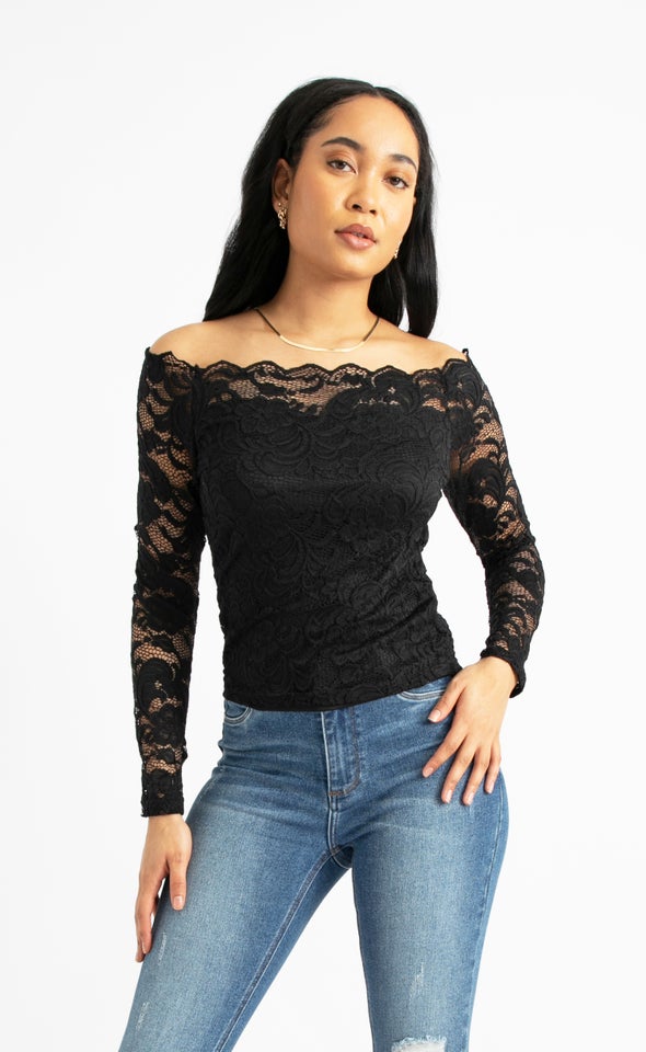 Scallop Lace Bardot LS Top Black