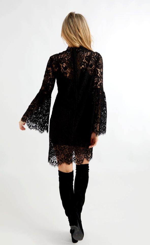 Scallop Lace Bell Sleeve Dress Black