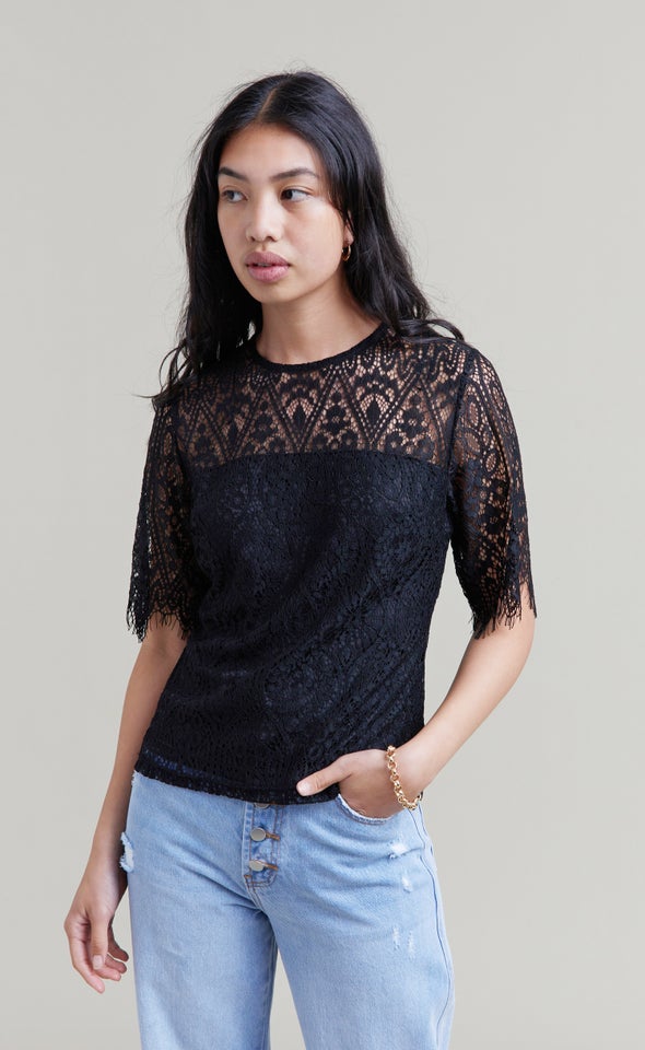 Scallop Lace Evening Top Black