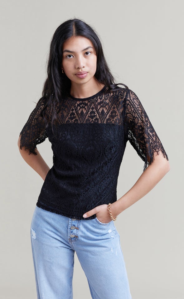 Scallop Lace Evening Top Black