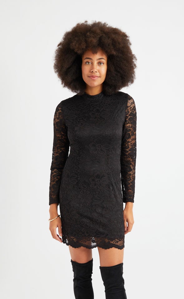 Scallop Lace LS Dress Black