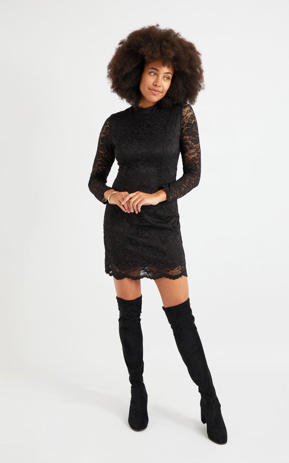 Scallop Lace LS Dress Black