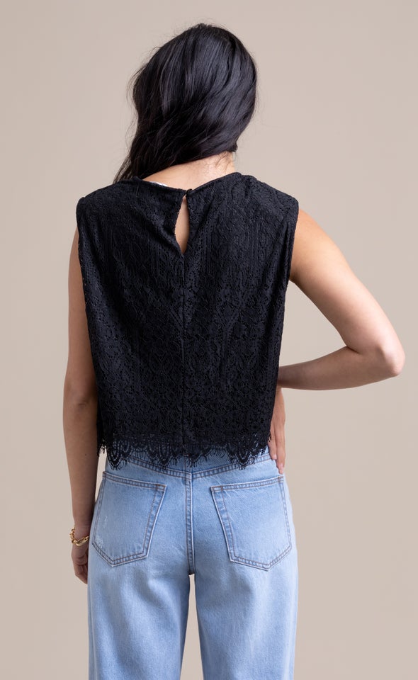 Scallop Lace Padded Shoulder Tank Black